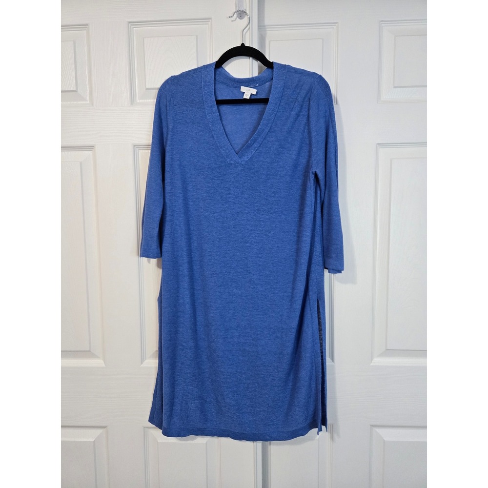 J. Jill Blue Linen V-Neck 3/4 Sleeve Tunic with Side Slits Size s